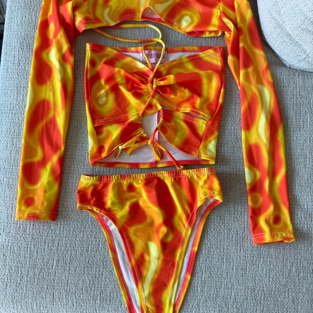 Dynamic Orange and Yellow Bikini with Flame Pattern